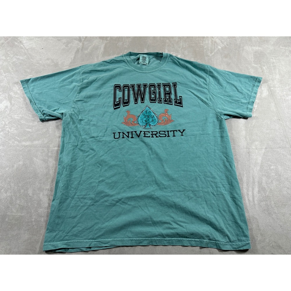 Comfort Colors T-Shirt Mens 2XL Teal Cowgirl University Western Graphic Tee